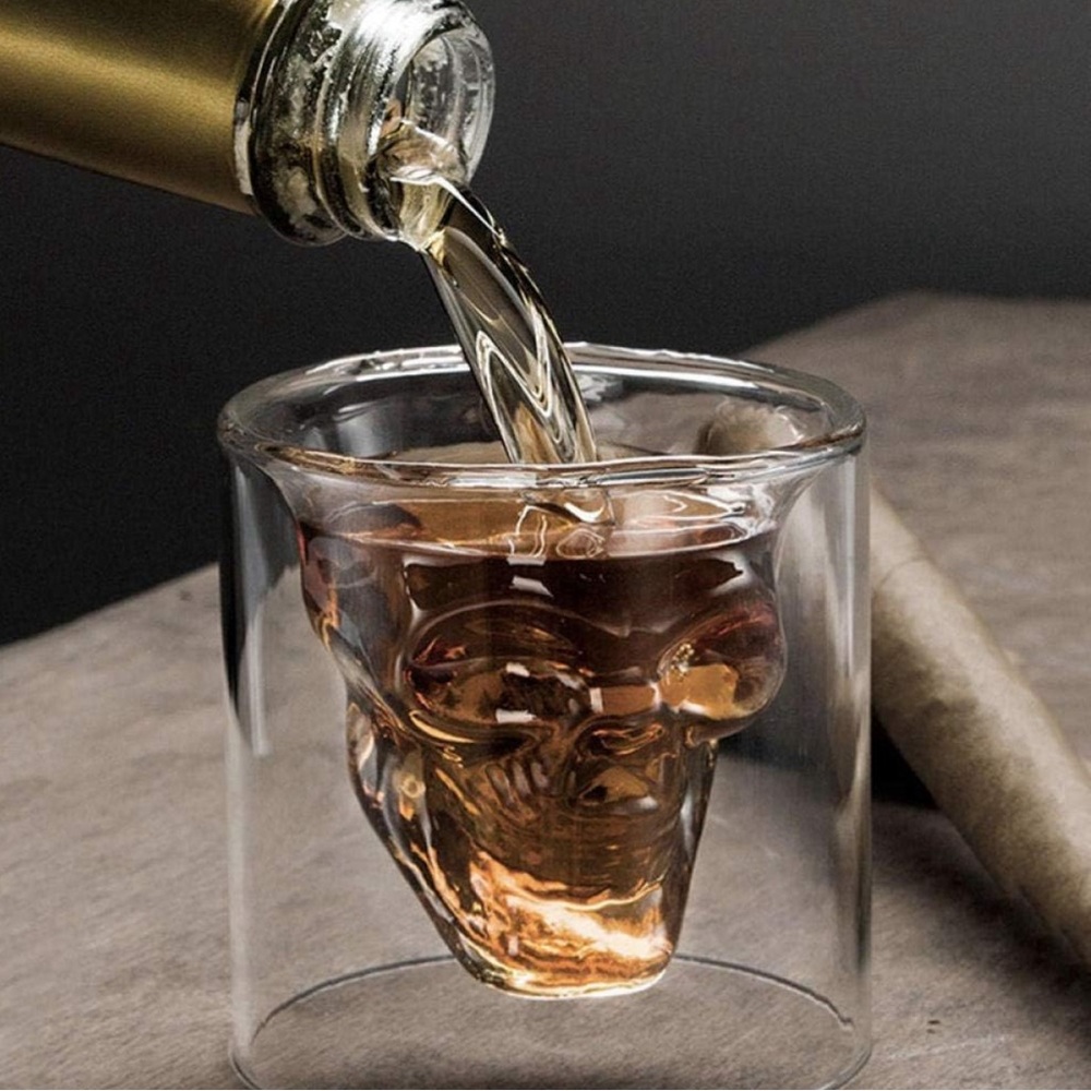 2 X GLASS SKULL SHOT GLASSES